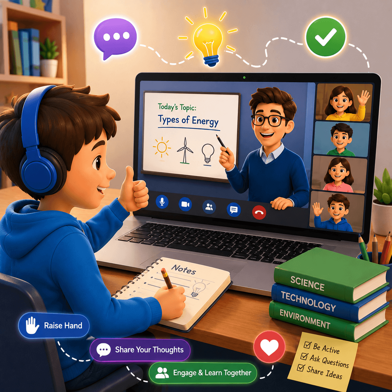 Student actively participating in a virtual classroom video call