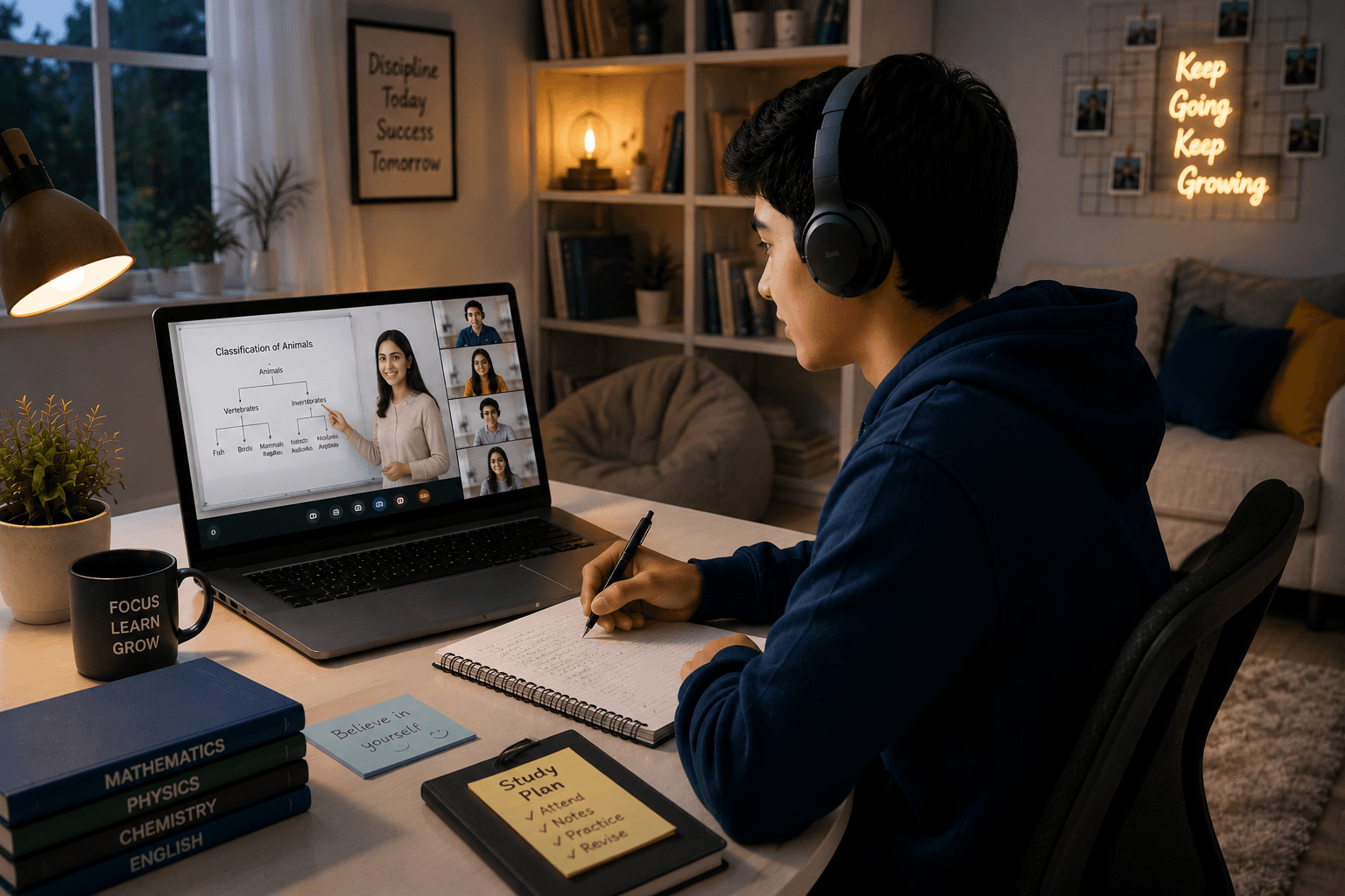 Child learning comfortably from home with books and laptop