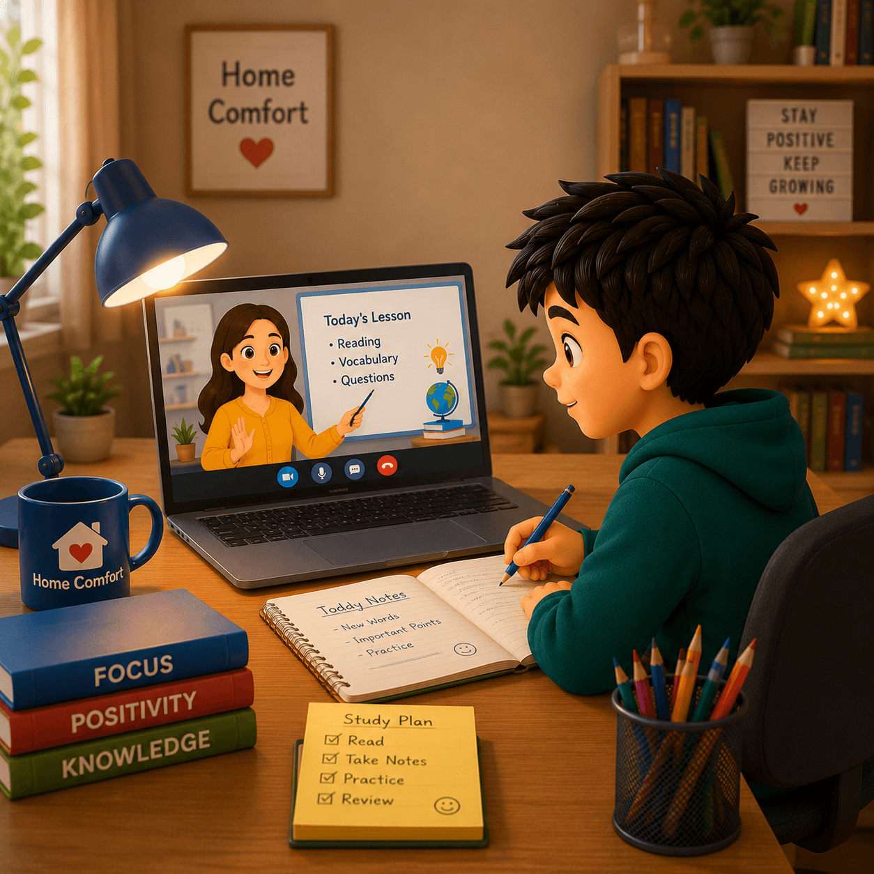 Child learning comfortably from home with books and laptop