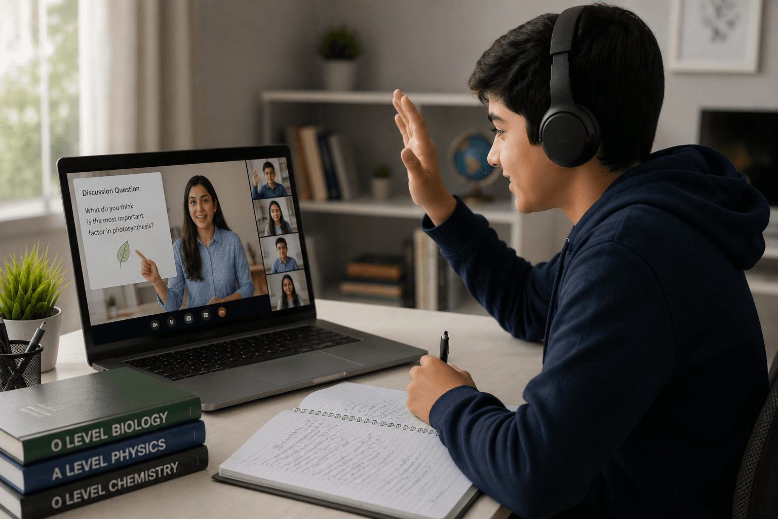 Student actively participating in a virtual classroom video call