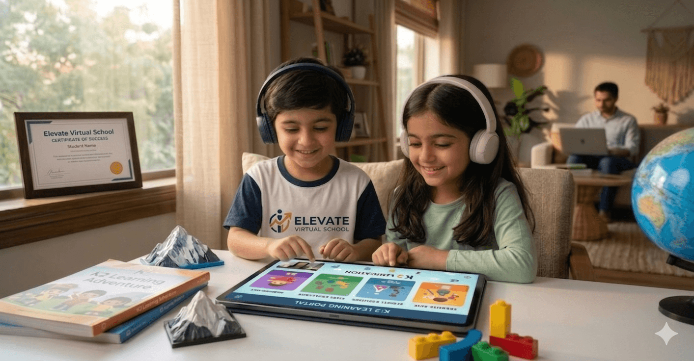 Siblings learning together on the K-12 portal at home