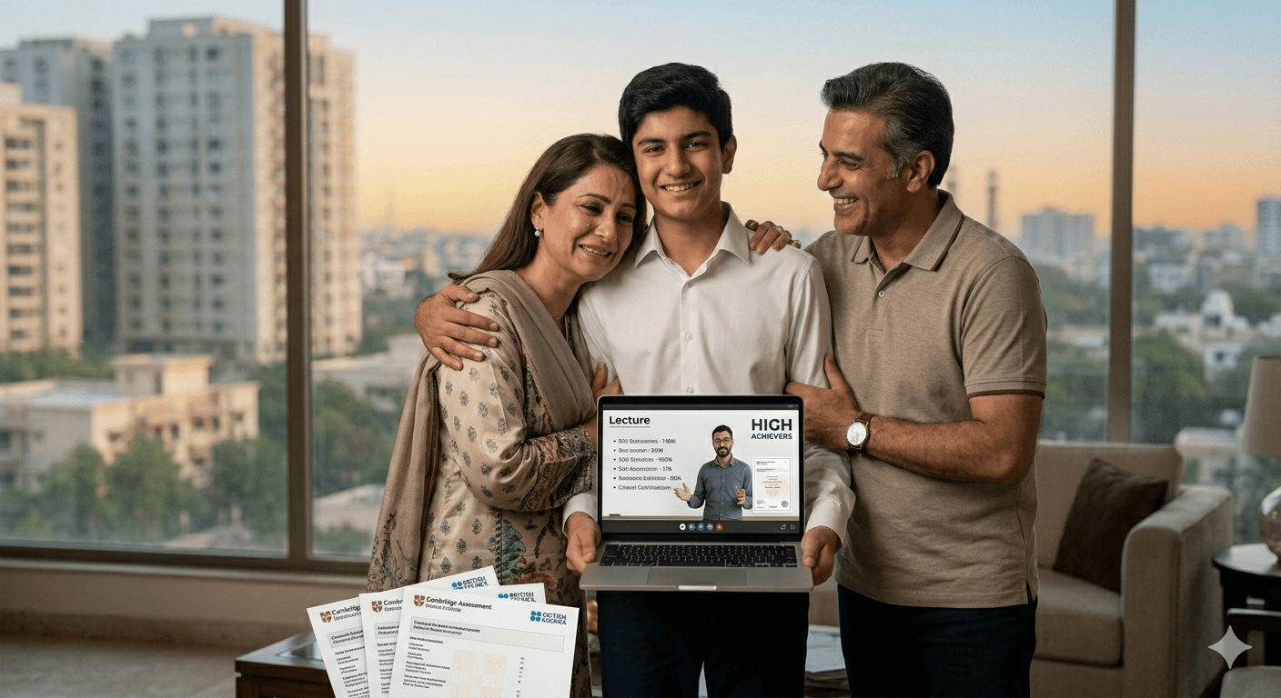 Family celebrating student success with Cambridge certificates