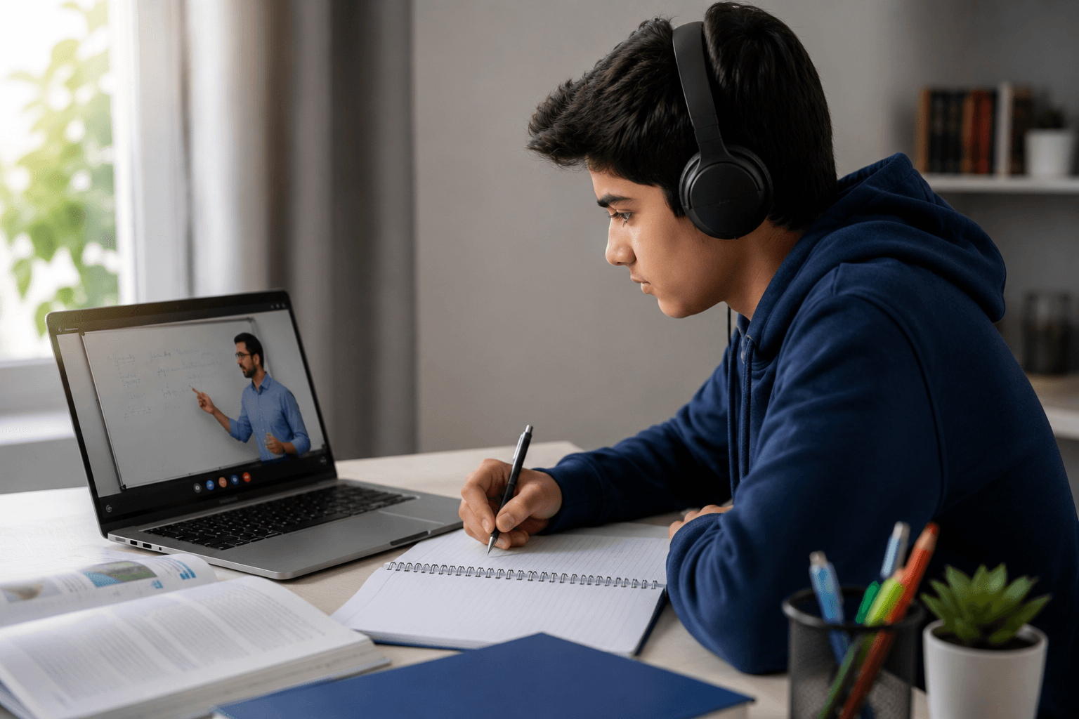 Student focused on online class with laptop and headphones