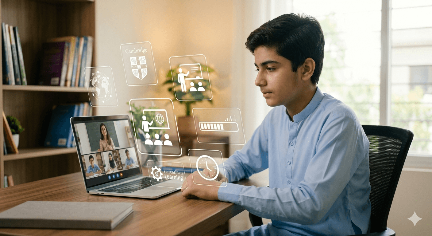 Student attending live online class with interactive learning tools