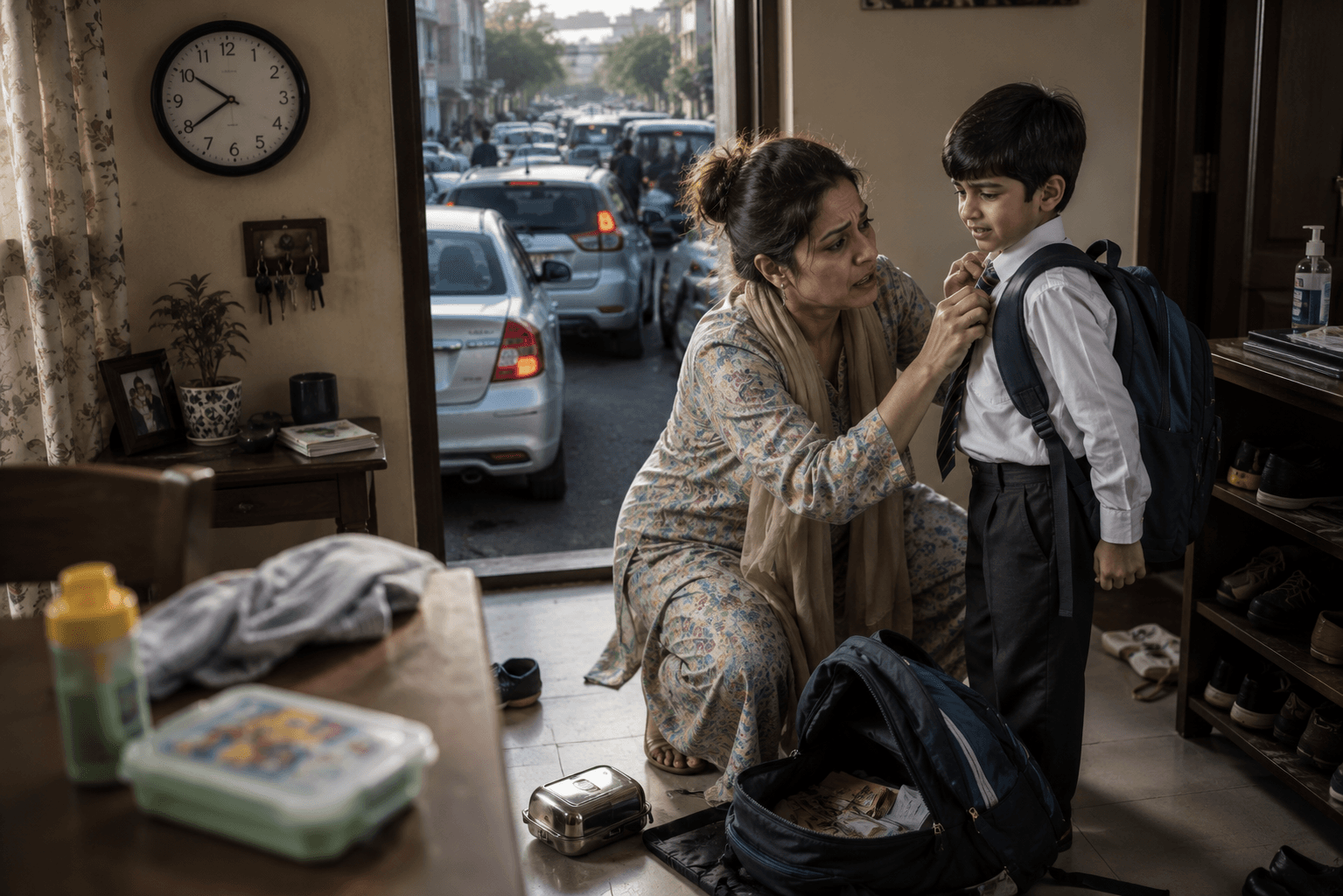 Chaotic early morning school-run rush at home